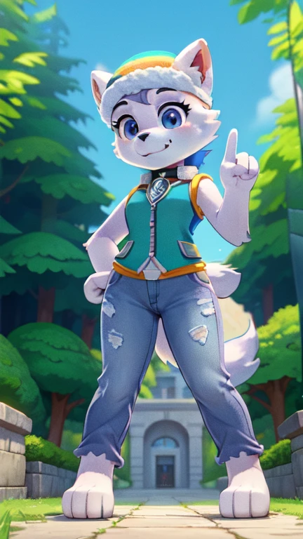 female, solo, female focus, looking at viewer, three-quarter portrait, smile, :3, furry, anthro,  small breasts, skinny,  {everest paw patrol}, everest \(paw patrol\), raised tail, tailwag, detailed body fur, detailed eyes, detailed face, gorgeous body, shiny body fur, glistering body fur, hat, collar, vest, jeans, long pants, clothed animal, park, outside, blue sky, sun, sunlight, full body, feets with three toes, standing, short body, tiny body, v, hand gesture,