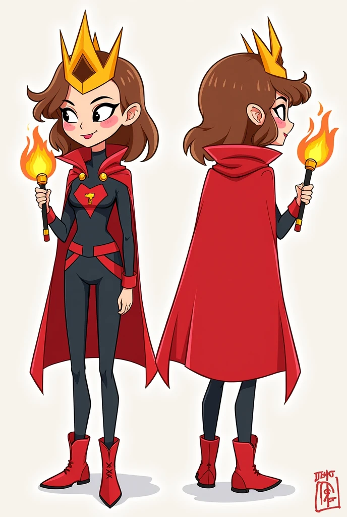 Create an image of Janet from Brawl Stars as Scarlet Witch, designed in a 2D, hand-drawn style that looks like it was illustrated by a child. Janet should have her signature look but with brown hair styled to match Scarlet Witch’s, instead of her usual color. She should be dressed as Scarlet Witch, wearing the iconic bright red crown and a flowing red cape. Make sure there’s no mask, just the crown. In her hands, she should be holding a small staff instead of flames. Please show her from the side, back, and front positions. The overall aesthetic should be simple, colorful, and playful, with bold lines and a slightly rough, sketch-like appearance, as if it was drawn with crayons or markers.