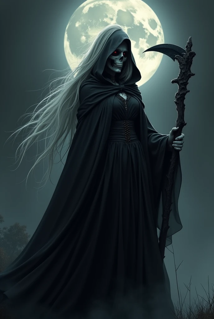 photorealistic of beautiful girl as The Death, The death in black hoodie cloack, long robe, iconic stance, skull face, long white hair, holding scythe in hand, best quality, a gradient movement of transition color background, dark moon background