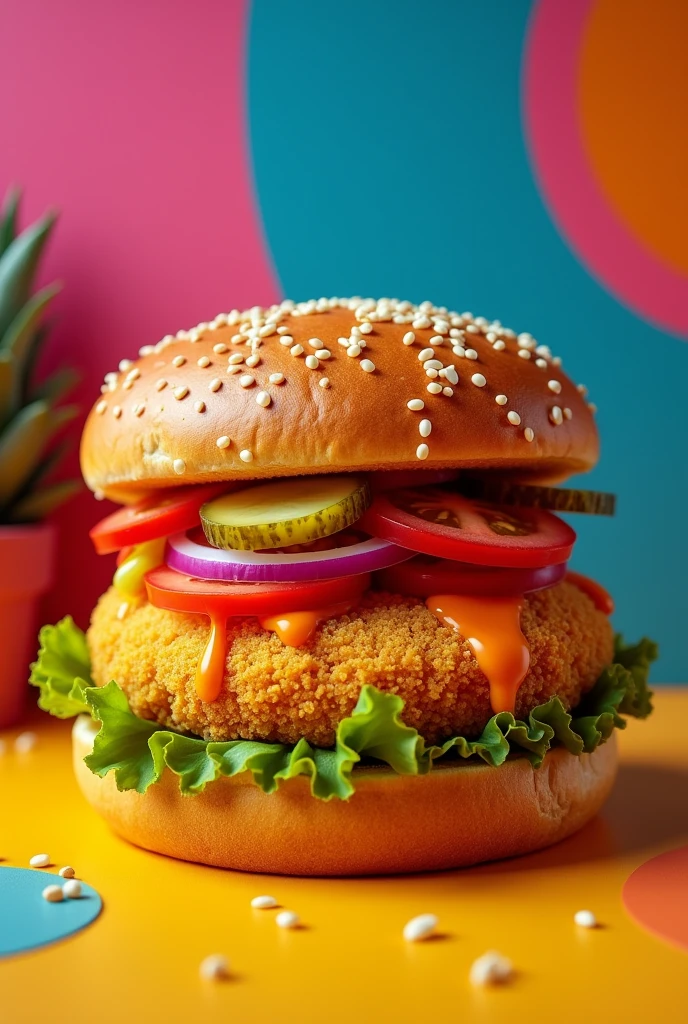 Realistic but colorful burger, and with breaded feango instead of hamburger meat