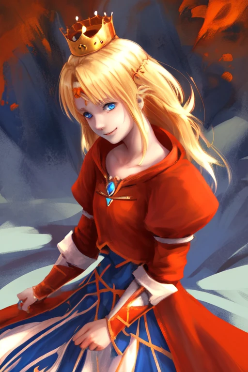 Characters from the game guardian tales,Girl1,Little Princess,blonde hair,blue eyes,crown,red coat,Orange Shirt,Two-layer skirt in orange and white,Alone,,smile