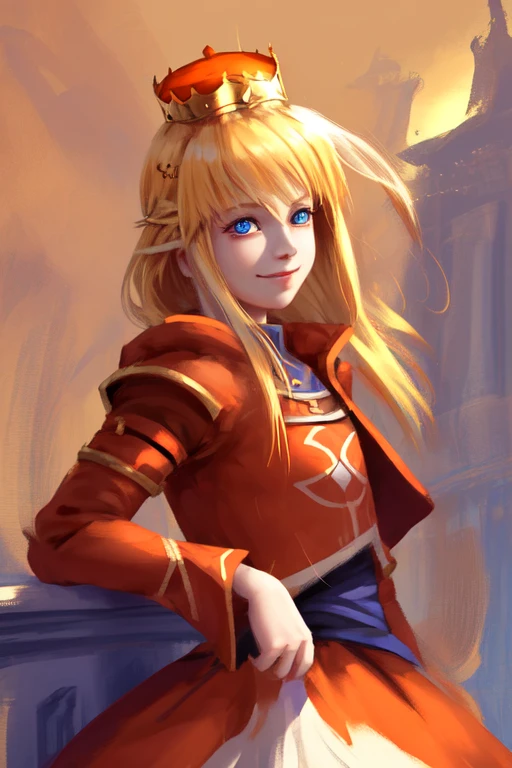 Characters from the game guardian tales,Girl1,Little Princess,blonde hair,blue eyes,crown,red coat,Orange Shirt,Two-layer skirt in orange and white,Alone,,smile