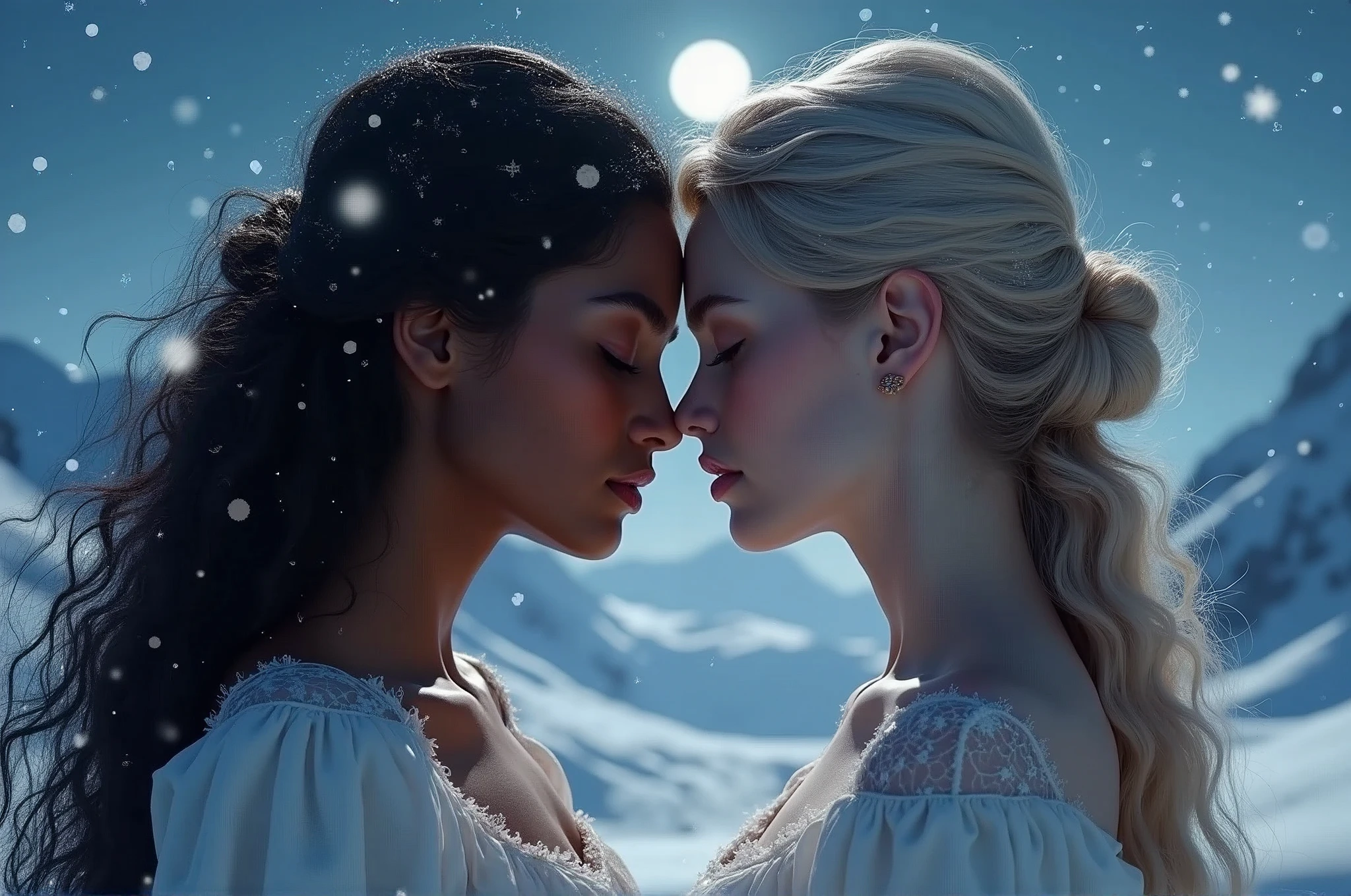 (masterpiece, highest quality, official art, beauty and aesthetic:1.5), (perfect anatomy), two gorgeous and stunning dark-skinned or pale-skinned young girls are deeply in love with each other, kiss, perfect make-up, romantic atmosphere, snow and moon, magnificent panorama view