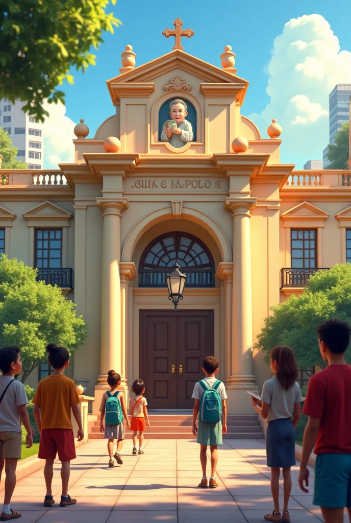 Pixar image of the emblematic educational institution Juan Pablo II where there are children entering the school and in the distance outside the school young professionals looking at them, and the image of John Paul II protecting the school