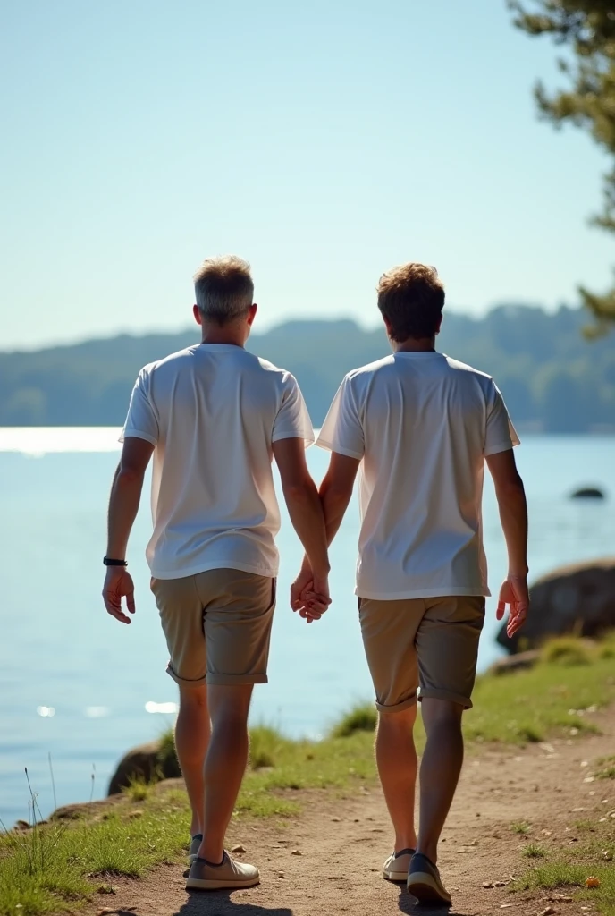 A realistic photograph of a 40-year-old father and his 25-year-old son walking side by side on a sunny day. Both are dressed in casual summer attire—t-shirts and pants. They are walking along a peaceful lakeside, with the sunlight shimmering on the water and a clear blue sky above, capturing a moment of quiet connection as they enjoy the serene surroundings, without holding hands.