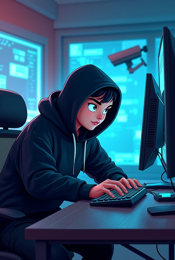A cartoon hacker man wear a black hoodie using 3 monitor set up computer from CCTV footage of the room
