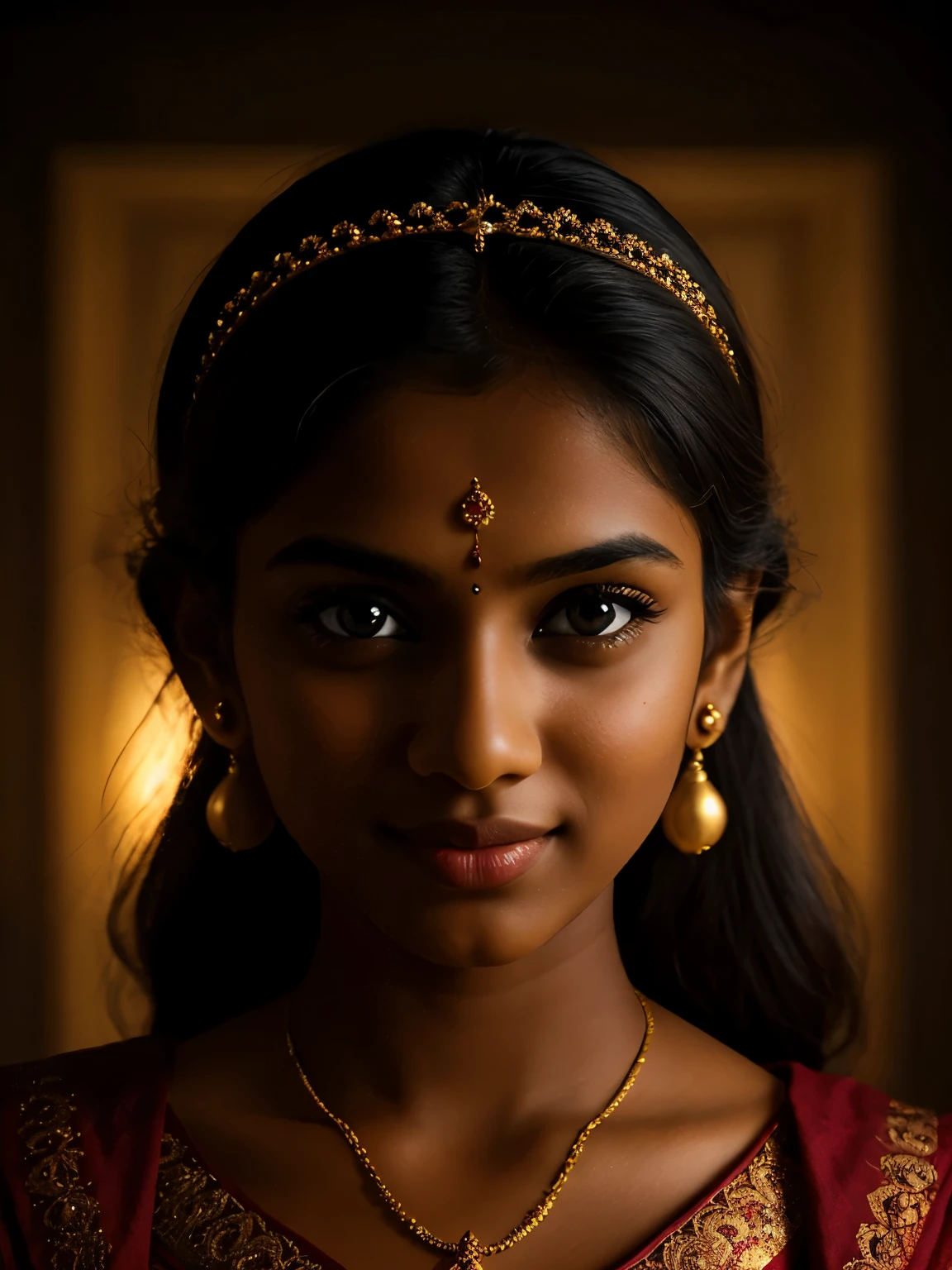 Full body portrait, Tamil girl, smile:0.6, high detail face, high detailed skin texture, inside dark room, only a bulb hanging over her head, K, HDR, high resolution, photo-realistic, cinematic lighting, depth of field, cool colors, midnight scenario, ear studs, wrist watch, eyes symmetry, face symmetry, (intricated meticulously detailed:1.6 faces & eyes & ears & nose & lips & body parts), hyper maximized objects