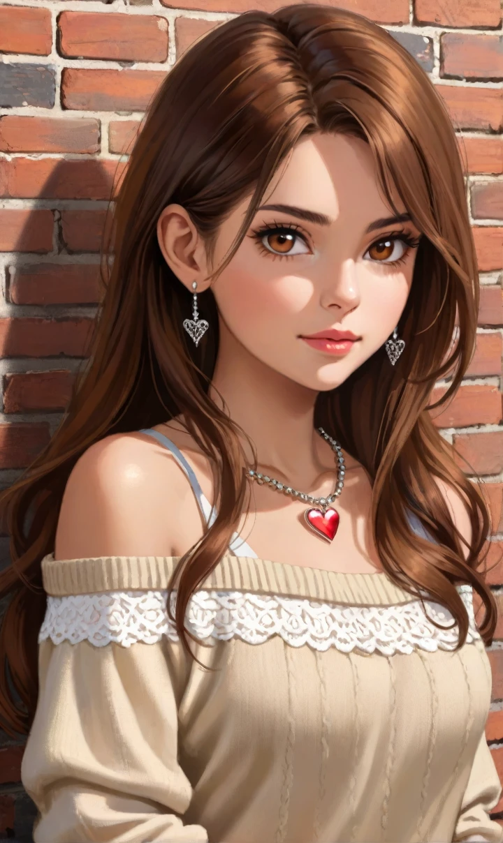 1girl,solo,long hair,looking at viewer,brown hair,shirt,brown eyes,jewelry,closed mouth,upper body,heart,earrings,necklace,off shoulder,sweater,lips,realistic,brick wall