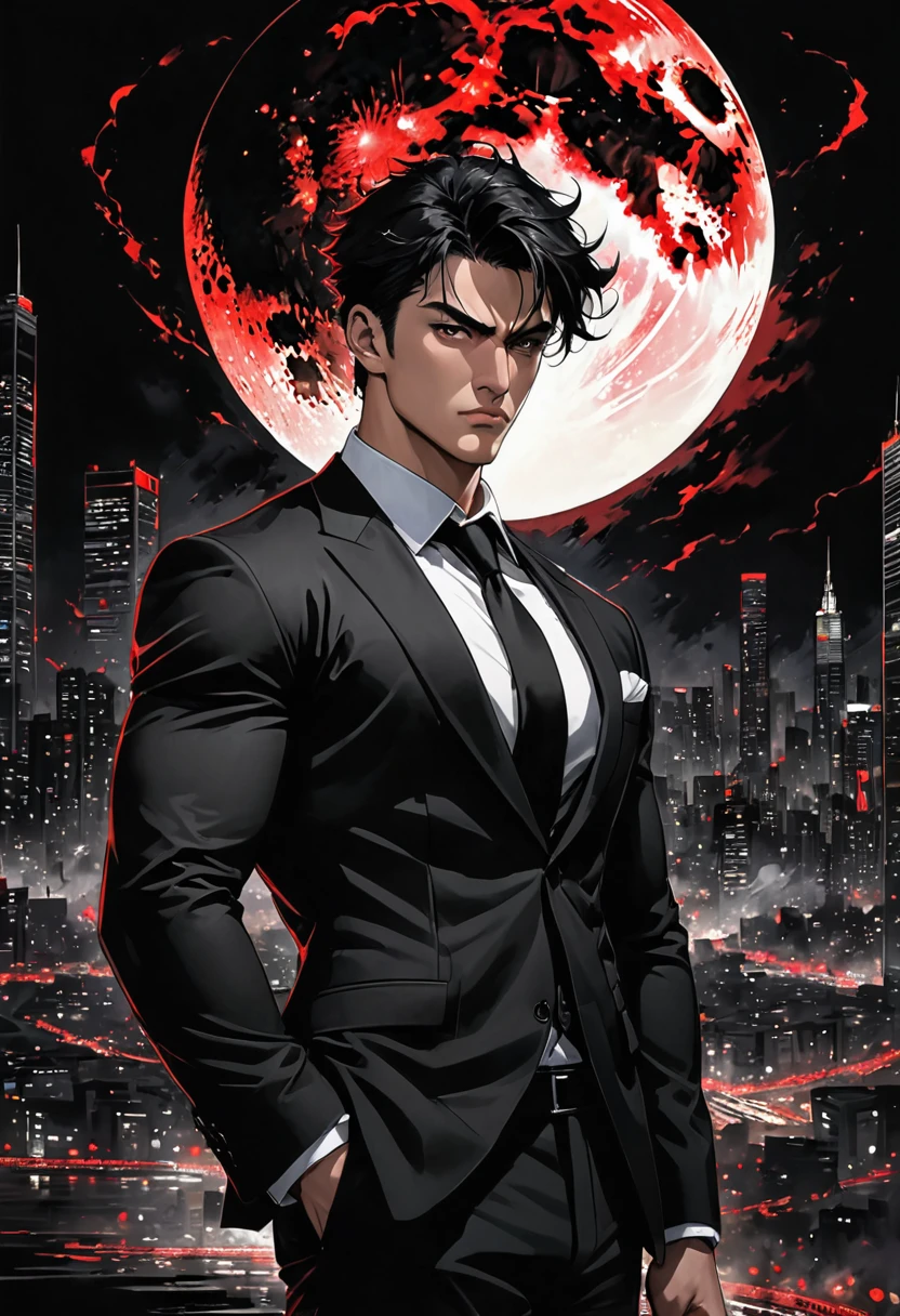  1 men, about 28 years old, Eyes red, serious body, well defined and muscular, short messy black hair, mobster, wearing a black suit, black backdrop, over the city moon
