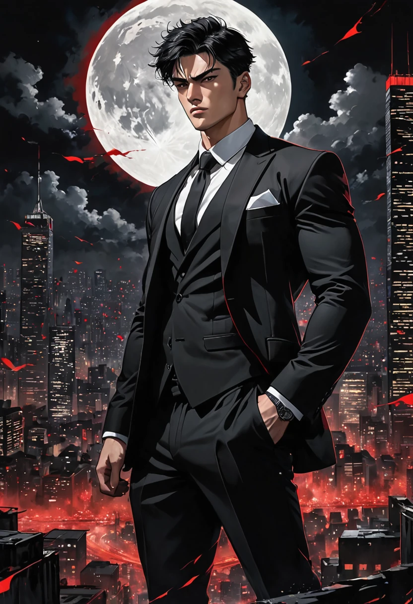 1 men, about 28 years old, Eyes red, serious body, well defined and muscular, short messy black hair, mobster, wearing a black suit, black backdrop, over the city moon