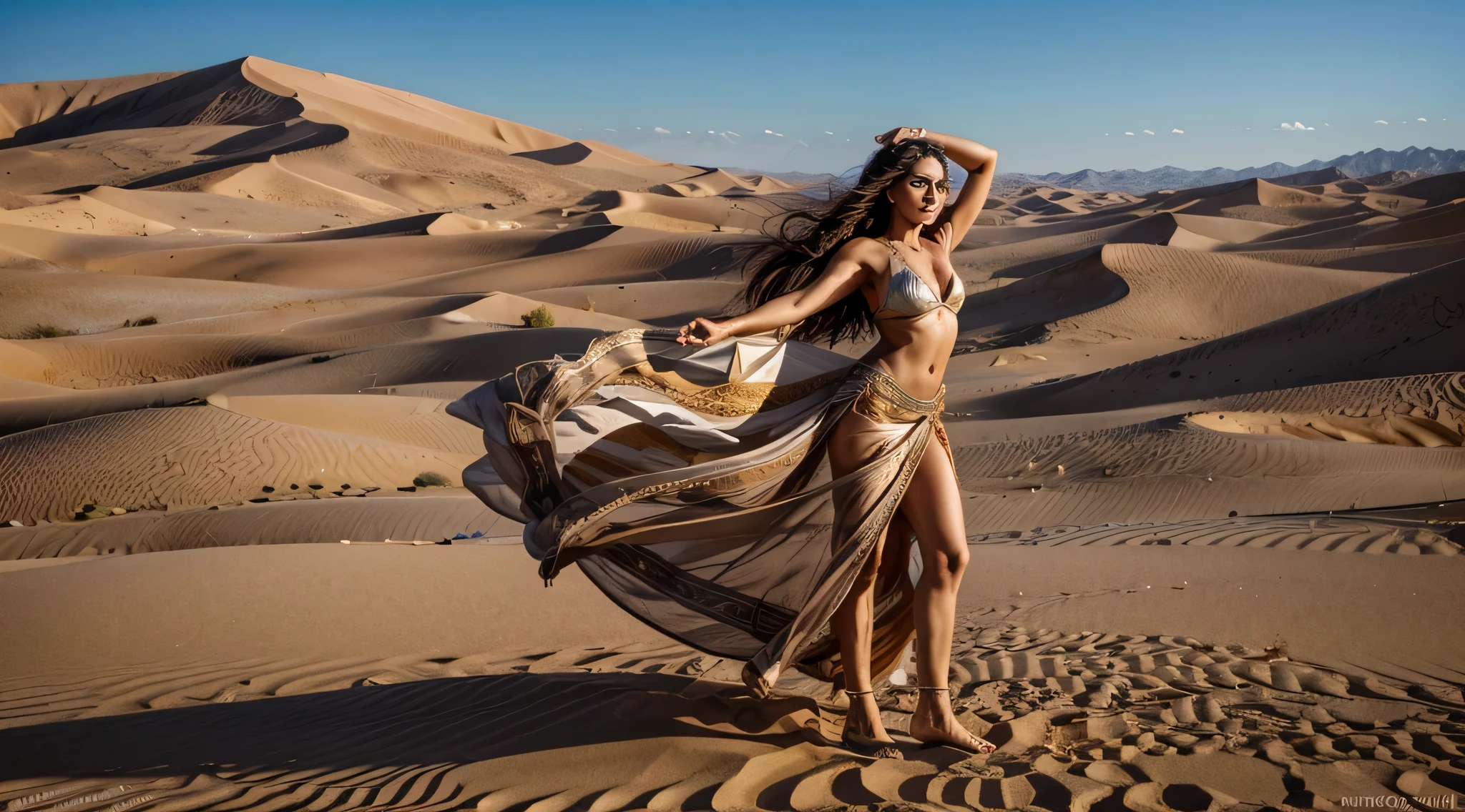 A stunningly beautiful Arab woman with captivating brown eyes, and an elegant physique. She is standing gracefully in the vast expanse of a desert, with golden sand dunes stretching out under a clear blue sky. The sun casts a warm, glowing light over the scene, highlighting her traditional attire, which flows gently in the breeze. The background captures the serenity and mystique of the desert, creating a harmonious blend of beauty and nature