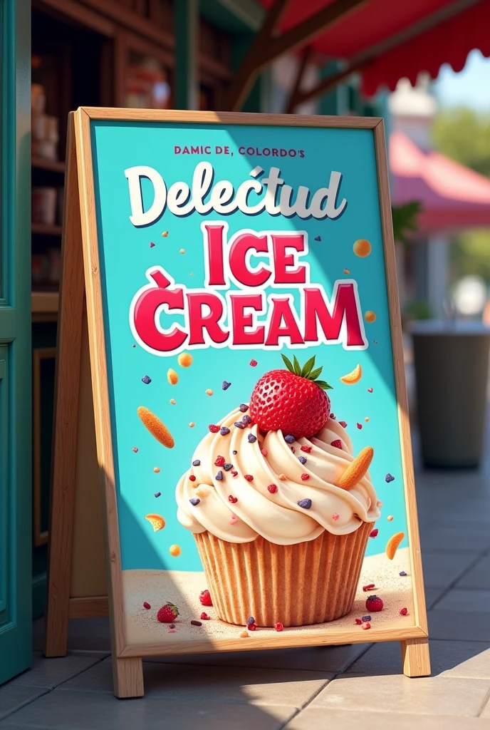 A sign that says; Ice cream for sale with letters in Spanish and large letters. Let the sign be simple without much color except in the letters.