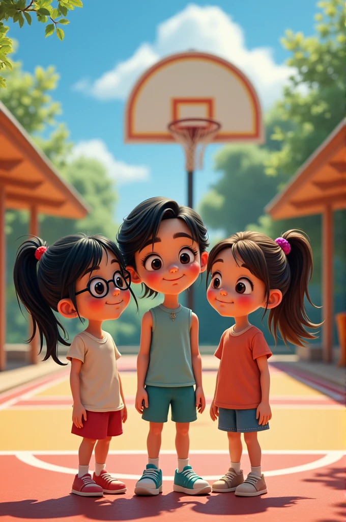 3 girls, one with glasses and black hair tied in a ponytail, the other with loose black hair but with a small spot near the lip on the right side and a girl with brown hair and a little chin and a Pixart basketball court in the background