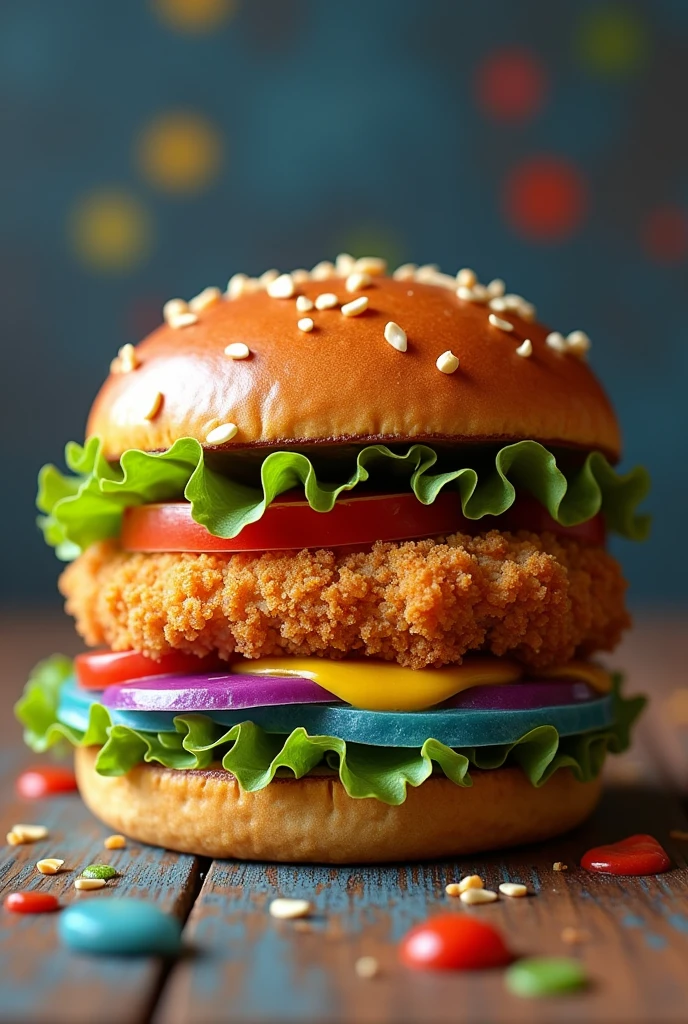 Realistic burger but with colorful bread, and with breaded chicken instead of hamburger meat