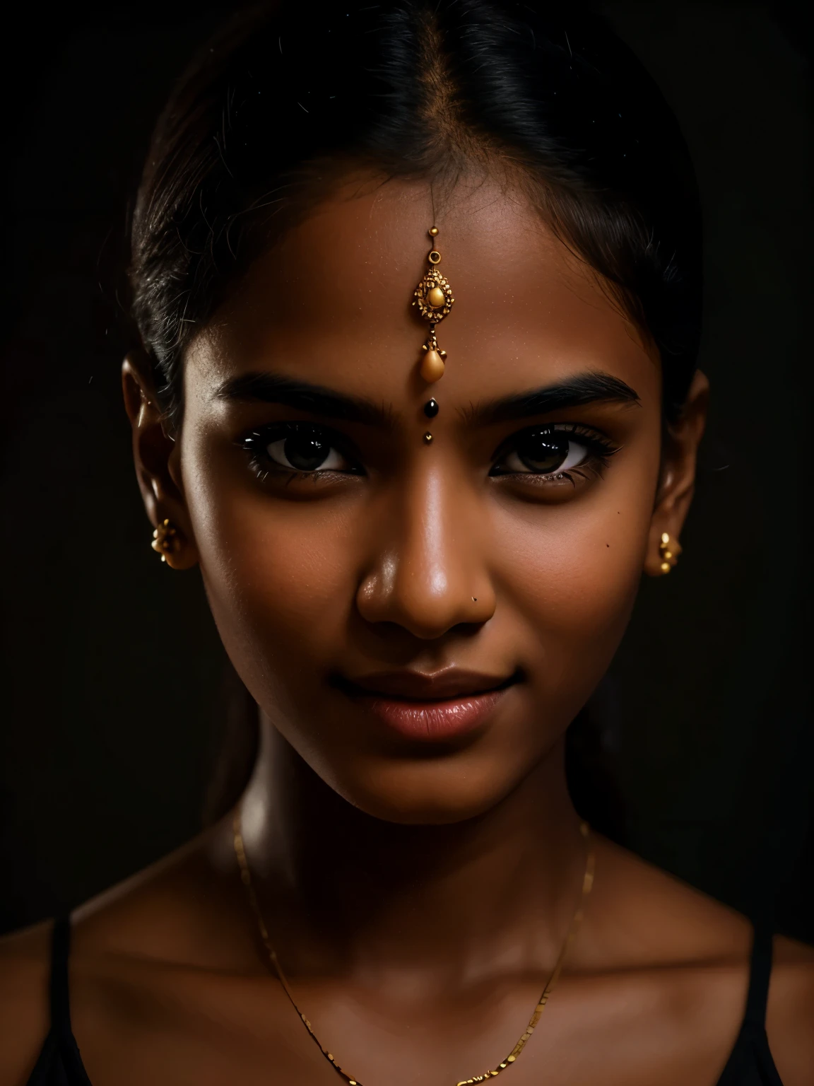 Full body portrait, Tamil girl, smile:0.6, high detail face, high detailed skin texture, inside dark room, only a bulb hanging over her head, K, HDR, high resolution, photo-realistic, cinematic lighting, depth of field, cool colors, midnight scenario, ear studs, wrist watch, eyes symmetry, face symmetry, (intricated meticulously detailed:1.6 faces & eyes & ears & nose & lips & body parts), hyper maximized objects