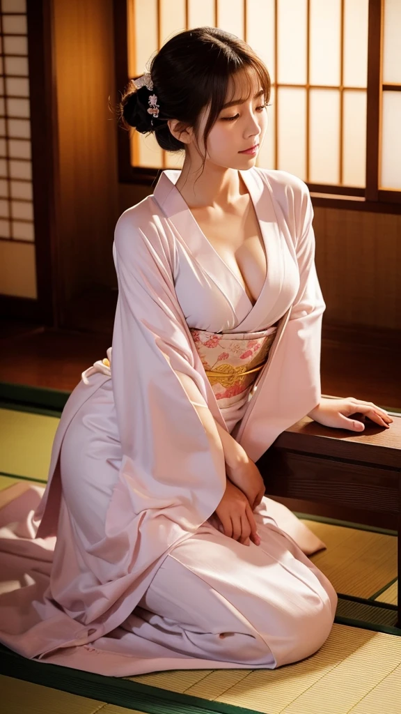 Certainly! Here's a detailed prompt to create an image that captures the essence of a romantic and intimate moment with subtlety and respect for the characters:
---
**Prompt:**
Create an image of a 30-year-old Japanese woman named Sakura in a romantic setting. Sakura is depicted sitting on top of her partner, Yuya, in a traditional Japanese inn (ryokan) room. She is wearing a pastel-colored kimono that is partially undone, revealing her shoulders and chest, while the rest of the kimono drapes around her lower body. The scene is lit by soft, warm lighting that filters through a shoji screen, casting a gentle glow on her skin.
Sakura's expression is one of deep emotion, a mixture of affection, desire, and tenderness. Her eyes are closed, and she is leaning forward slightly, her hair cascading over her shoulders. The setting emphasizes the intimacy of the moment without being overly explicit. Focus on the elegance of the kimono, the soft curves of her body, and the serene atmosphere of the traditional Japanese room.
The background features elements typical of a ryokan, such as tatami mats, a futon, and a small, neatly arranged tea set in the corner. The overall mood of the image should convey warmth, closeness, and a deep emotional connection between the characters.
---
This prompt focuses on creating a tasteful and artistic representation of an intimate moment, emphasizing the beauty of the setting and the emotional connection between the characters.