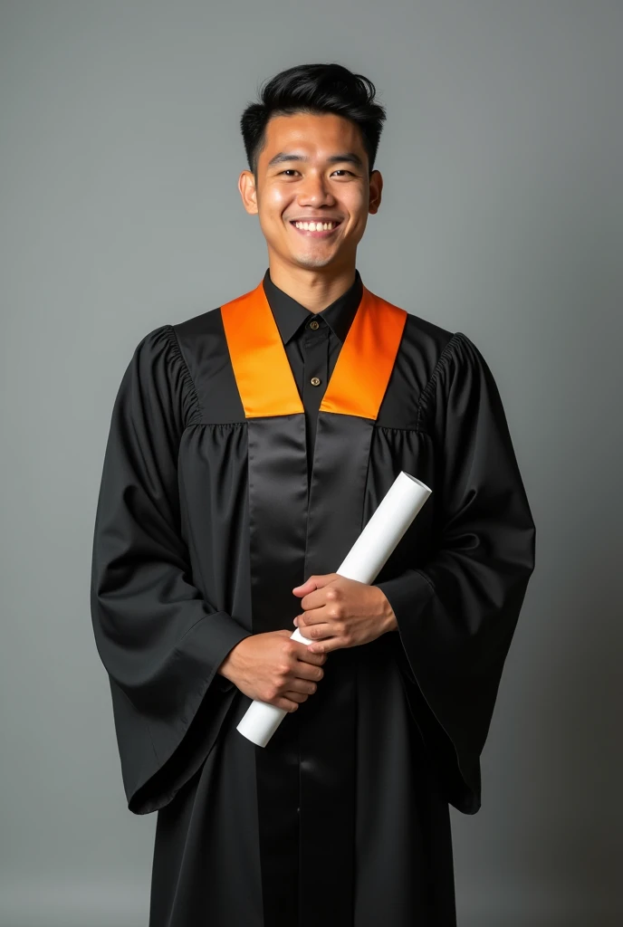 Full-body photo shoot of an Indonesian man, 27 years old, handsome, wearing black Indonesian-style graduation attire, adorned with orange graduation collars black graduation sashes, holding certificate scrolls, facing the camera, smiling. The background Studi Photo,
