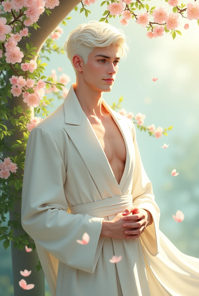 A young man with fair skin and a slim build, sporting short platinum hair. He wears a gentle smile on a thoughtful face. Dressed in elegant, stylish white clothing, resembling royal attire. He is posed gracefully, as if caught in a moment of contemplation. The background reflects a Spring theme, with soft, flowing elements such as blooming flowers, lush greenery, and gentle breezes, creating a serene and harmonious atmosphere