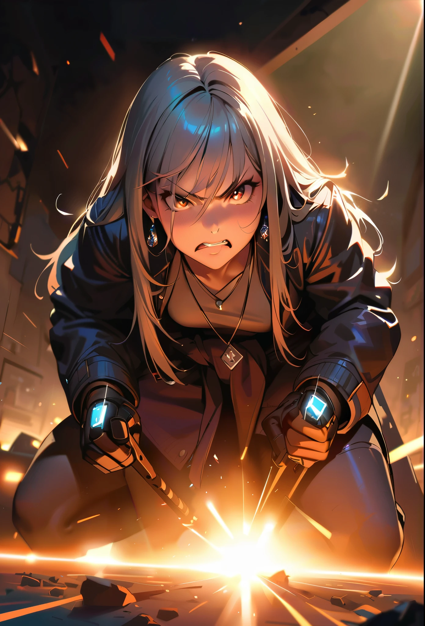 masterpiece, Highest quality, (((Ruined battlefield)))、(((Angry Face)))、Raising awareness, Desert Eagle, プラチナEarrings, Platinum Necklace, Black combat suit,Ready your weapon, One Girl, cute, (Dynamic Lighting:1.2), Cinema Lighting, Delicate facial features, Detailed eyes, Sharp pupils, Realistic student, Written boundary depth, ボケ Written boundary depth, Sharp focus, (Very detailed, bloom, Shine:1.4), Lots of little gems, (((long_hair))),　Twin tails、Earrings、分けた前hair、銀hair、whole body、Ultra close-up footage、The top is transparent up to the chest.、See-through design。The bottoms are a very short navy blue pleated skirt.、Fits snugly around the waist。The background is simple white.、this、The text is easier to see.。The light source is a soft light from the front....、The overall atmosphere is bright and clean....。