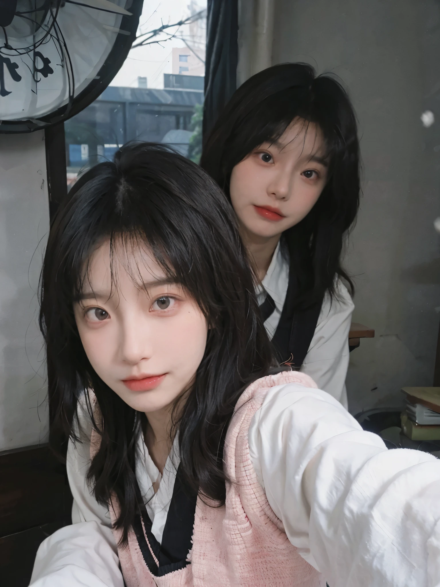 Best quality,Ultra-high resolution,(Realism:1.4),1 girl,Pink long hair,A pair of clear and moving eyes,Royal sister,Snow-white school uniform,Sparkling eyes