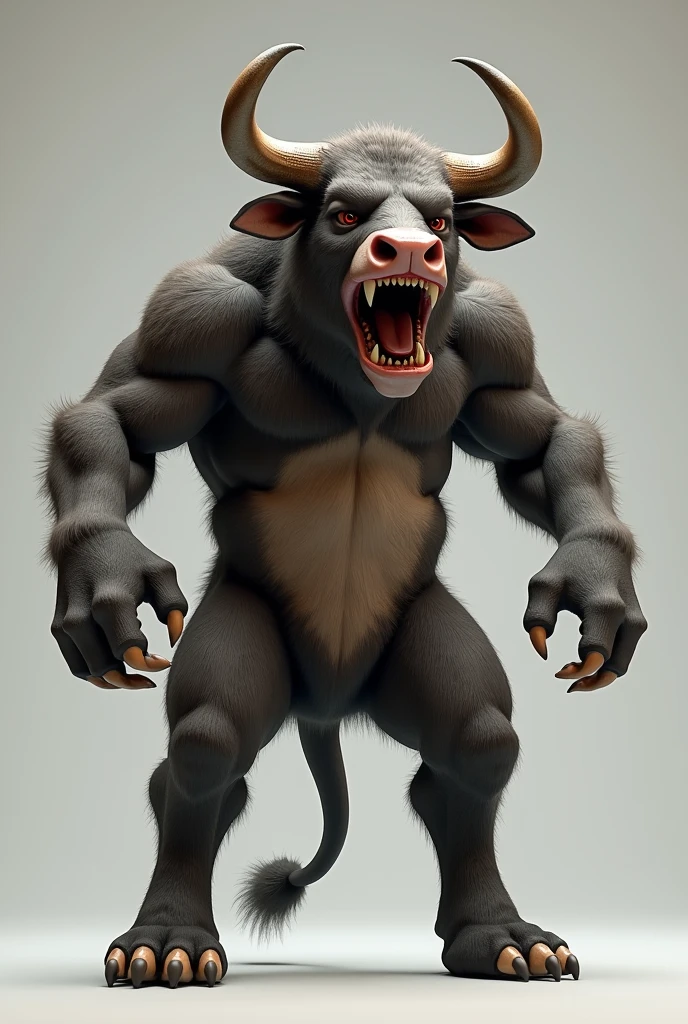 Create me a cute ox standing more realistically standing now make him standing on his hind legs and make him more realistic with a scary face
