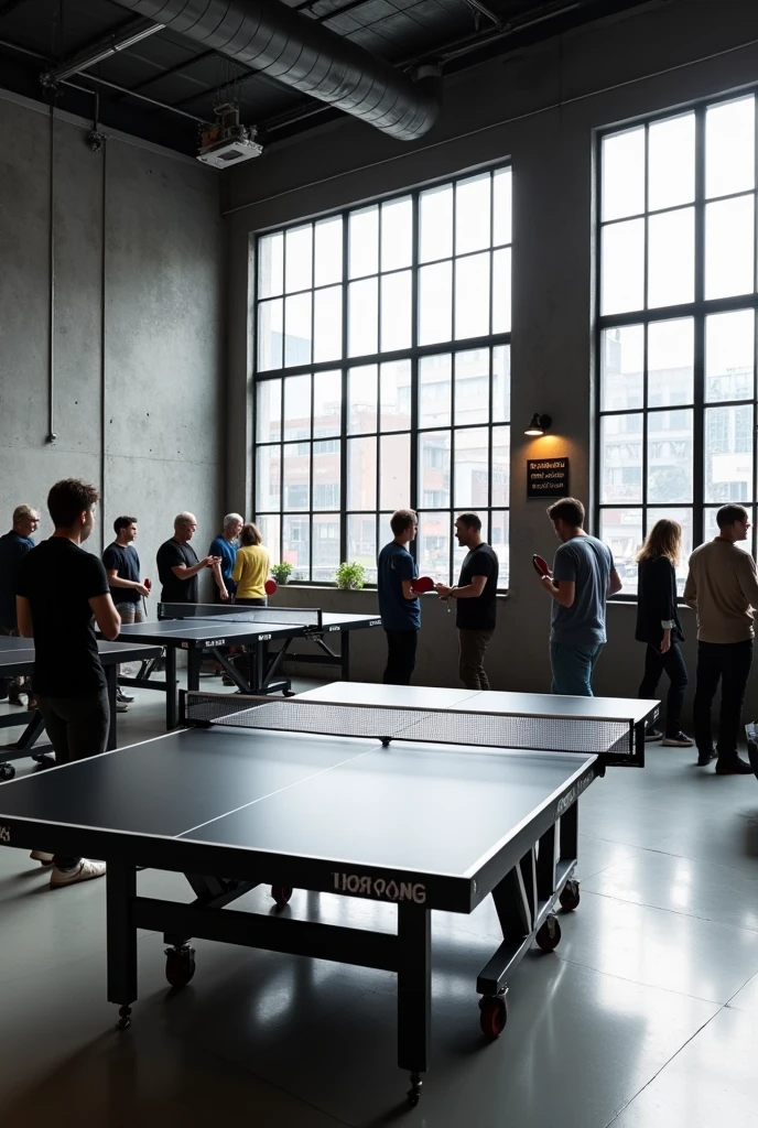 Ping pong venue, black tables, people talking and playing, grey walls in the background the wall is made of pure large window, The floor is made of white squares and there is a sign that says "DUAL PONG MX" cheered up
