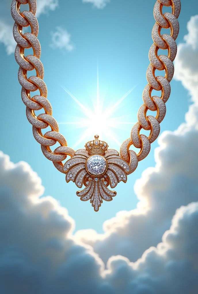 I want a Cuban chain with diamonds that contains a Gvbo77 and a crown on a cloud background 