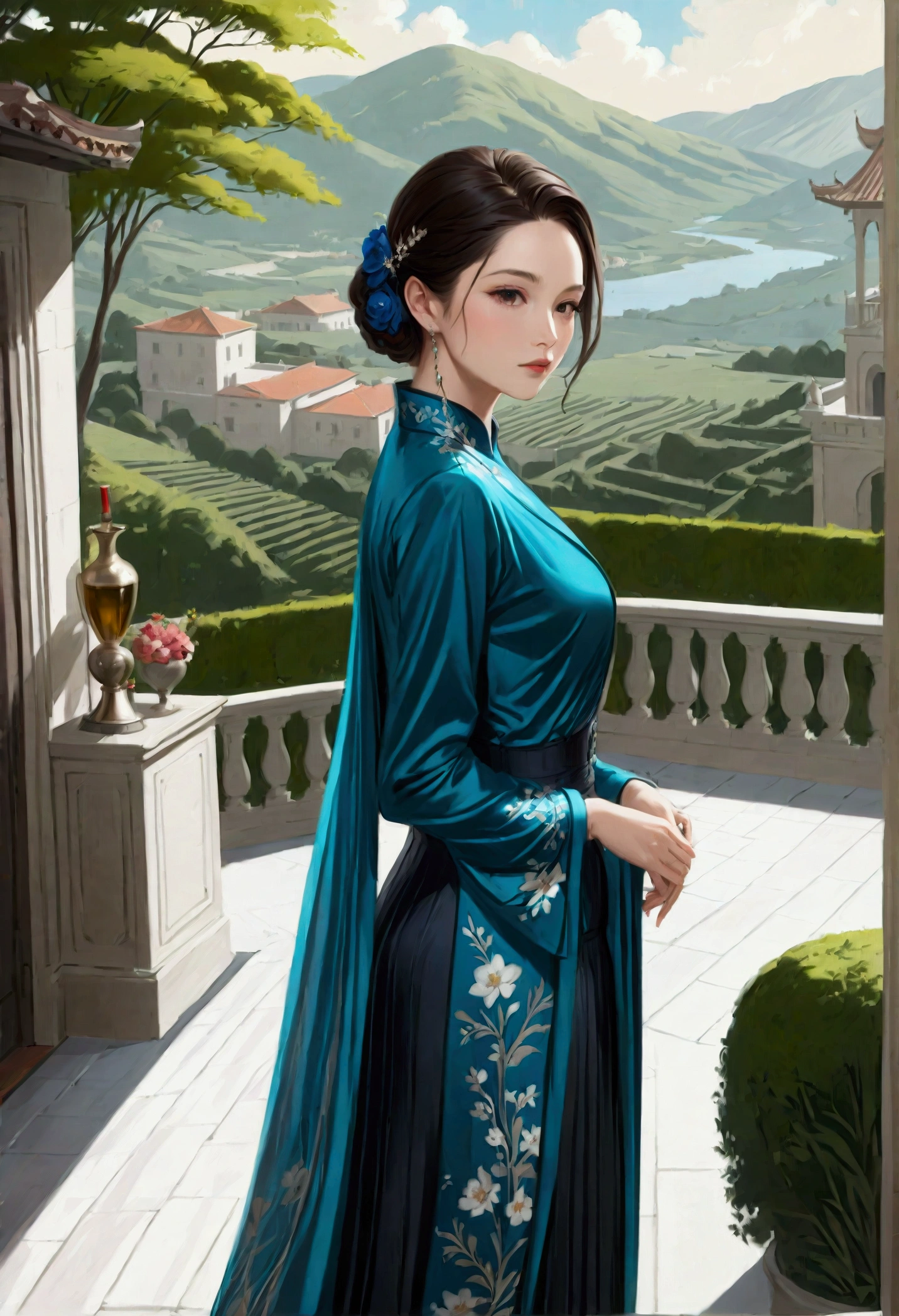 别墅reunion,A group of fashionable people,Chinese,Parties,In the villa garden,On the rooftop,Night,evening,reunion,Reception,wine,Wine Tasting,Suit,High heel(Rich details),(Best quality),Film Style