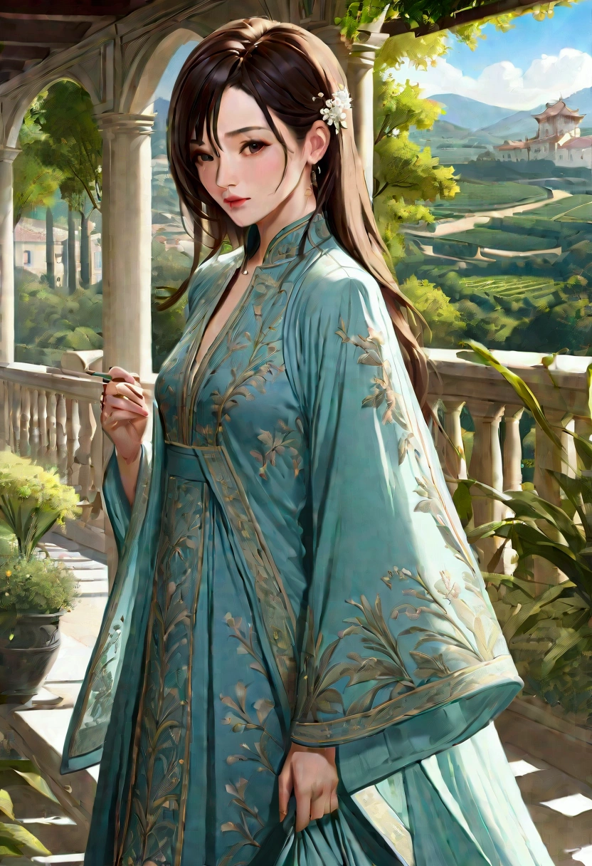 (1girl), (masterpiece:1.2, best quality, high quality, extremely detailed, hyperrealistic, CG, unity, 4k), (illustration: 1.0), beautiful martial artist girl, perfect face, (thick tights, shapely butt, wide hips)), bright eyes, brown eyes, brown hair, large_ass, looking at viewer, navel, chinese blue robe, revealing clothes, lustful heavy breathing, narrow waist, wet neckline,