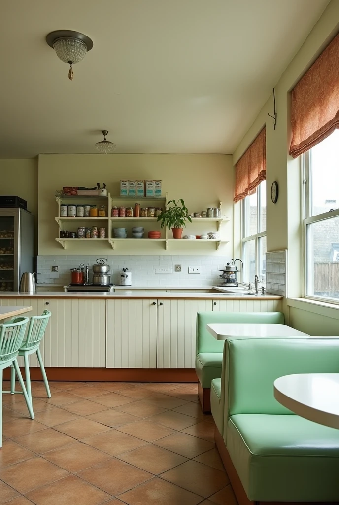 Vintage cafeteria in white, brown and pastel green