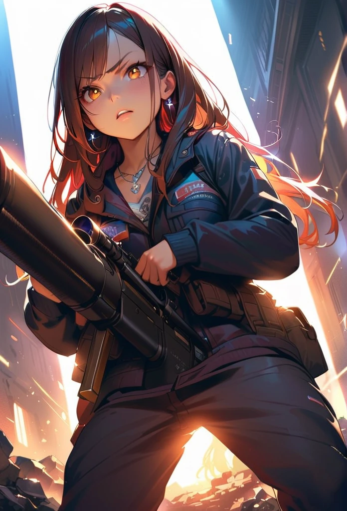 masterpiece, Highest quality, (((Ruined battlefield)))、(((Angry Face)))、Raising awareness, Large firearms, プラチナEarrings, Platinum Necklace, Black combat suit,Carrying a weapon, One Girl, cute, (Dynamic Lighting:1.2), Cinema Lighting, Delicate facial features, Detailed eyes, Sharp pupils, Realistic student, Written boundary depth, ボケ Written boundary depth, Sharp focus, (Very detailed, bloom, Shine:1.4), Lots of little gems, (((long_hair))),　Twin tails、Earrings、分けた前hair、銀hair、whole body、Ultra close-up footage、The top is transparent up to the chest.、See-through design。The bottoms are a very short navy blue pleated skirt.、Fits snugly around the waist。The background is simple white.、this、The text is easier to see.。The light source is a soft light from the front....、The overall atmosphere is bright and clean....。