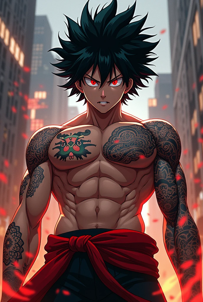 About etc, with black hair, Eyes red, wearing no shirt, Many tattoos, athletic body, my hero academia anime style 