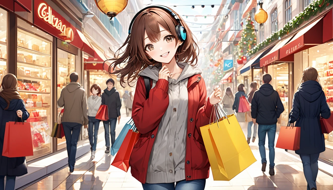 A 20-year-old girl with brown hair and headphones、Scene walking through a shopping district。
background：Bustling shopping district。
expression：Happy smile。
Costume：Casual and slightly stylish holiday style。
Pause：Strolling around with shopping bags。
scene：Visit your favorite stores、A refreshing time to enjoy holiday shopping。
(Detailed fingers), (Emotional), (Breathtakingly beautiful), (whole body), (Anime Style), (Very detailed), (超High resolution, High resolution), (8k), (Complex and beautiful: 1.2)。
