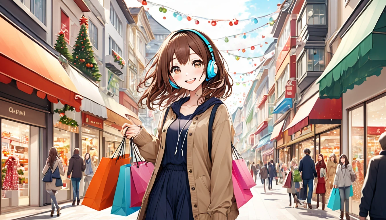 A 20-year-old girl with brown hair and headphones、Scene walking through a shopping district。
background：Bustling shopping district。
expression：Happy smile。
Costume：Casual and slightly stylish holiday style。
Pause：Strolling around with shopping bags。
scene：Visit your favorite stores、A refreshing time to enjoy holiday shopping。
(Detailed fingers), (Emotional), (Breathtakingly beautiful), (whole body), (Anime Style), (Very detailed), (超High resolution, High resolution), (8k), (Complex and beautiful: 1.2)。
