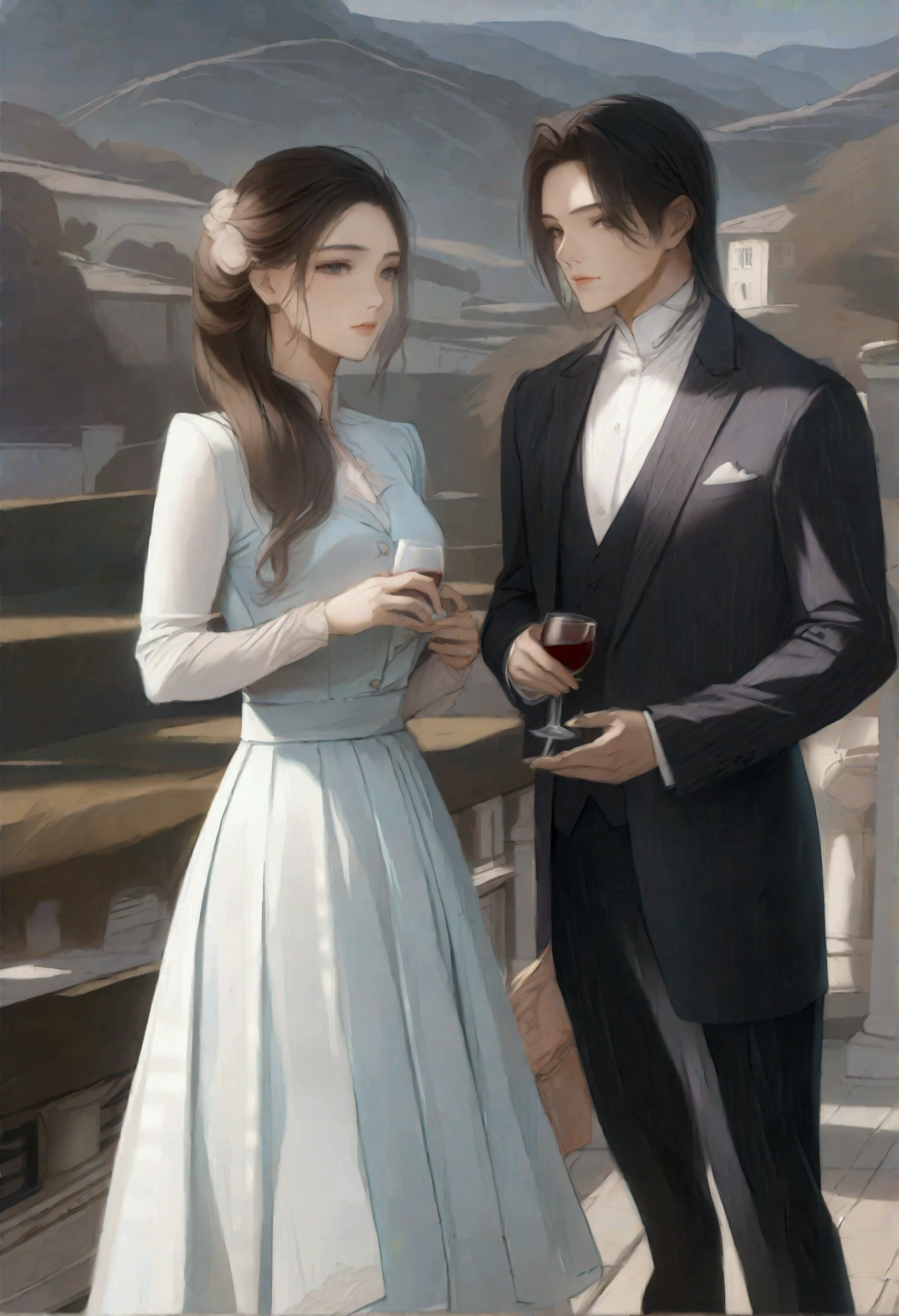 别墅reunion,A group of fashionable people,Chinese,Parties,In the villa garden,On the rooftop,Night,evening,reunion,Reception,wine,Wine Tasting,Suit,High heel(Rich details),(Best quality),Film Style