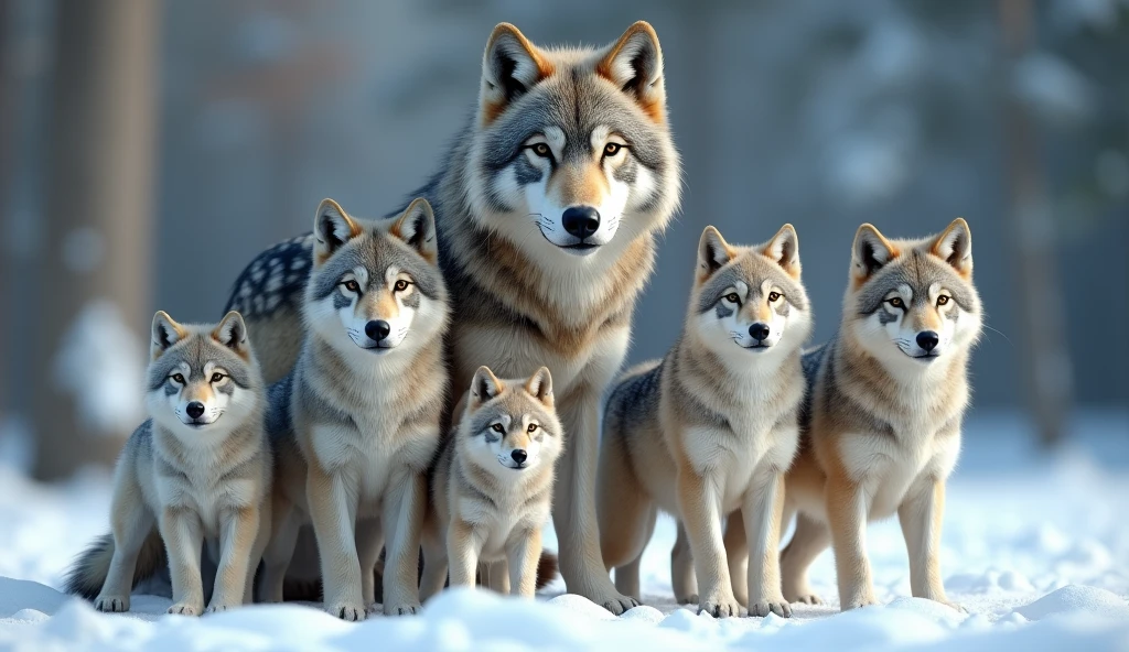 Create a hyper-realistic, photorealistic image of a beautiful wolf family. The family consists of a majestic father wolf, a graceful mother wolf, and five wolf pups of varying ages. They are all calmly looking at the viewer, exuding a sense of tranquility and strength. Each wolf has a unique color and fur pattern, showcasing a variety of hues and textures. The background features a softly blurred snowy forest, adding depth and atmosphere. The wolves' fur is strikingly beautiful, capturing their natural elegance and power