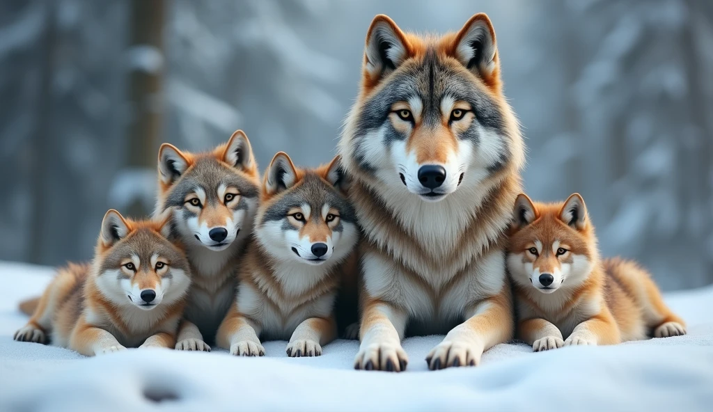 Create a hyper-realistic, photorealistic image of a beautiful wolf family. The family consists of a majestic father wolf, a graceful mother wolf, and five wolf pups of varying ages. They are all calmly looking at the viewer, exuding a sense of tranquility and strength. Each wolf has a unique color and fur pattern, showcasing a variety of hues and textures. The background features a softly blurred snowy forest, adding depth and atmosphere. The wolves' fur is strikingly beautiful, capturing their natural elegance and power