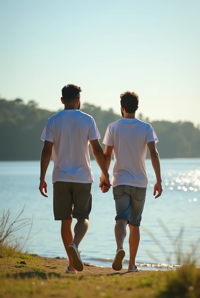 A realistic photograph of a 40-year-old Brazilian father and his 25-year-old son walking side by side on a sunny day, without holding hands. Both are dressed in casual summer attire—t-shirts and pants. They are walking along a peaceful lakeside, with the sunlight reflecting on the water and a clear blue sky above. The image captures a moment of quiet connection as they enjoy the serene surroundings.