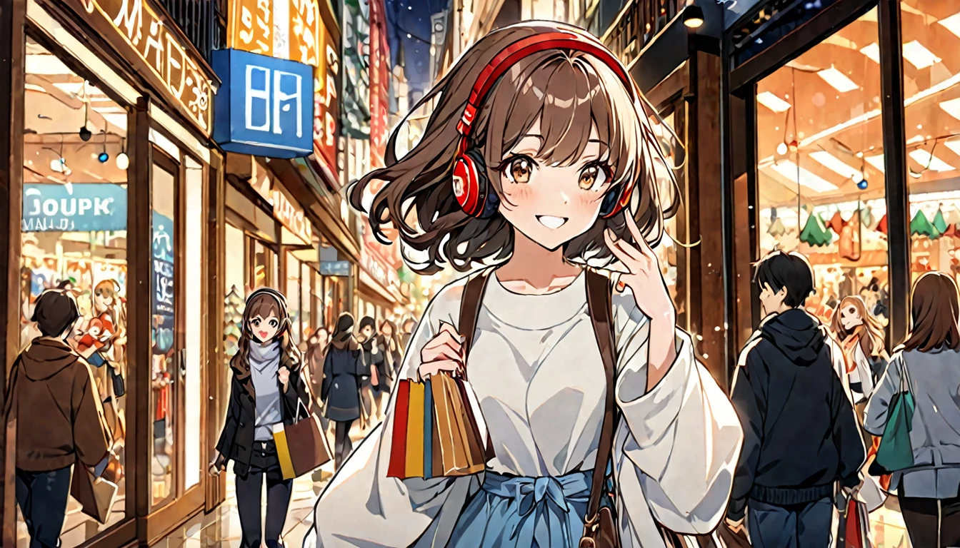 A 20-year-old girl with brown hair and headphones、Scene walking through a shopping district。
background:Bustling shopping district。
expression:Happy smile。
Costume:Casual and slightly stylish holiday style。
Pause:Strolling around with shopping bags。
scene:Visit your favorite stores、A refreshing time to enjoy holiday shopping。
(Detailed fingers), (Emotional), (Breathtakingly beautiful), (whole body), (Anime Style), (Very detailed), (超High resolution, High resolution), (8k), (Complex and beautiful: 1.2)。