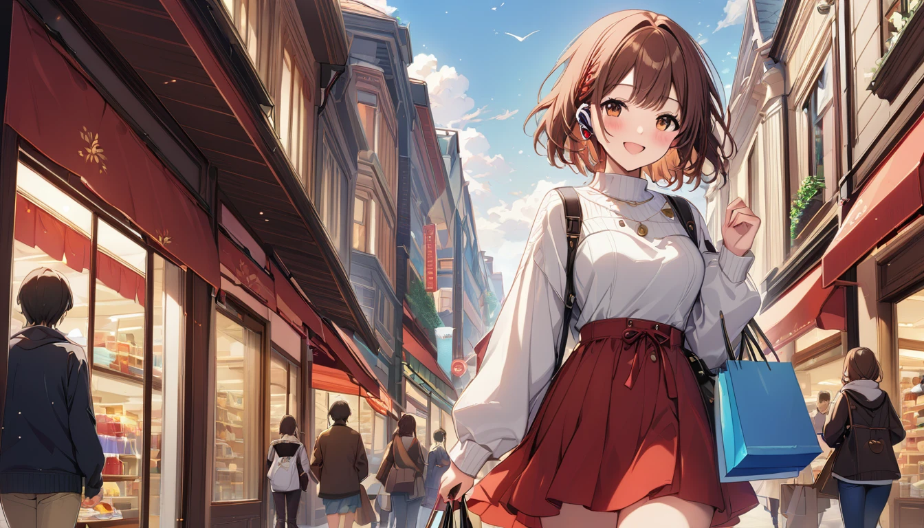 A 20-year-old girl with brown hair and headphones、Scene walking through a shopping district。
background：Bustling shopping district。
expression：Happy smile。
Costume：Casual and slightly stylish holiday style。
Pause：Strolling around with shopping bags。
scene：Visit your favorite stores、A refreshing time to enjoy holiday shopping。
(Detailed fingers), (Emotional), (Breathtakingly beautiful), (whole body), (Anime Style), (Very detailed), (超High resolution, High resolution), (8k), (Complex and beautiful: 1.2)。
