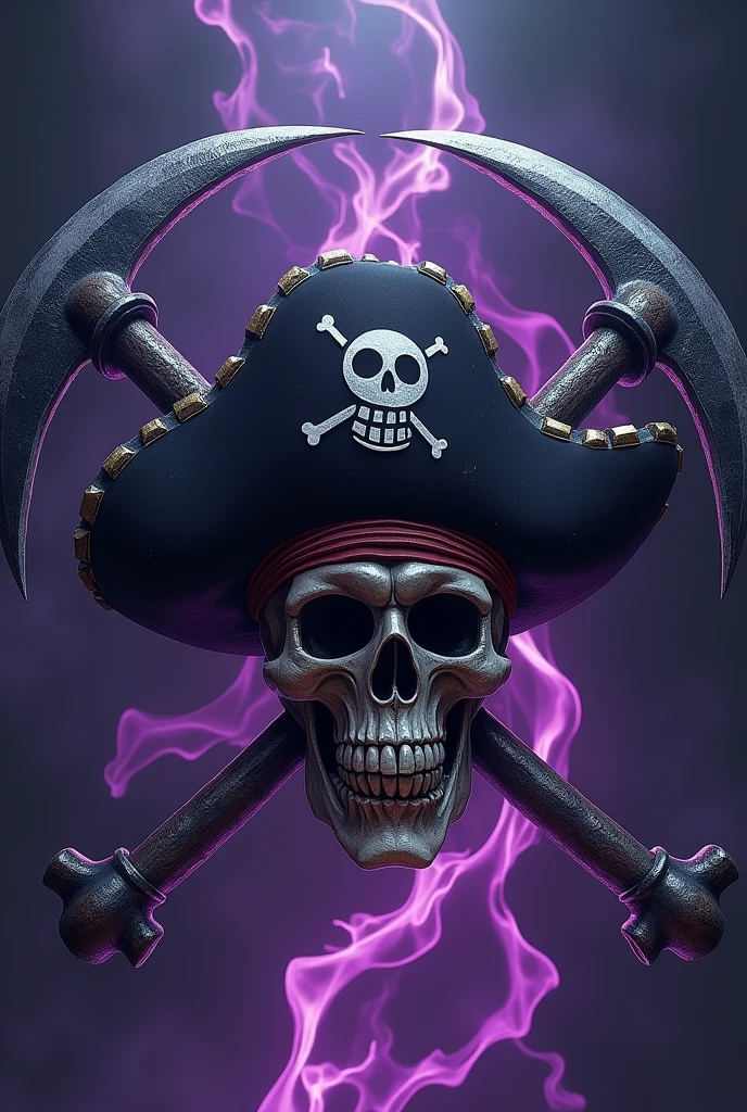 Jolly Roger One Piece pirate skull with scythes behind and purple and black fire