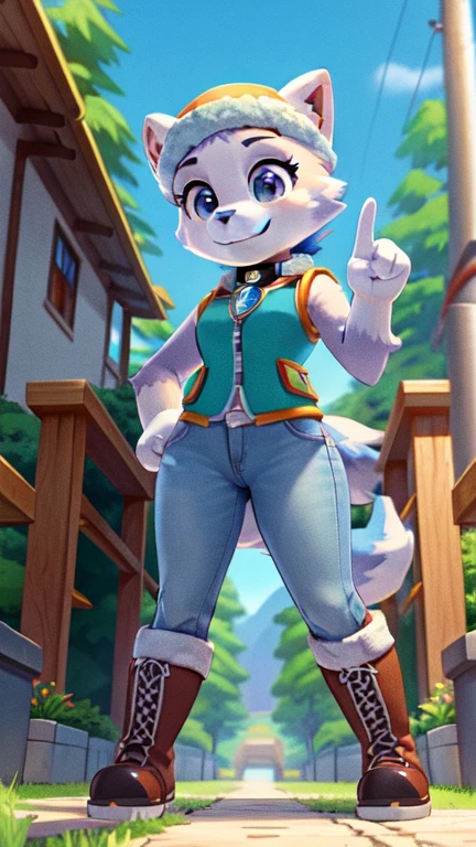 female, solo, female focus, looking at viewer, three-quarter portrait, smile, :3, furry, anthro,  small breasts, skinny,  {everest paw patrol}, everest \(paw patrol\), raised tail, tailwag, detailed body fur, detailed eyes, detailed face, gorgeous body, shiny body fur, glistering body fur, hat, collar, vest, jeans, long pants, gloves, boots, clothed animal, park, outside, blue sky, sun, sunlight, full body, standing, short body, tiny body, v, hand gesture