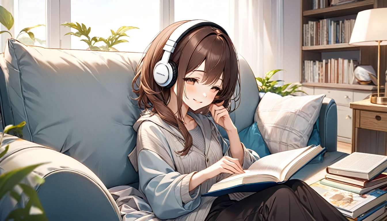 A 20-year-old girl with brown hair and headphones、Relaxing at home reading a book。
background:Calm living room。
expression:A calm, satisfied smile。
Costume:Relaxed Homewear。
Pause:Sitting on the sofa、A book is spread out on his lap。
scene:Quiet Afternoon、Relaxing at home reading a book。
(Detailed fingers), (Emotional), (Breathtakingly beautiful), (whole body), (Anime Style), (Very detailed), (超High resolution, High resolution), (8k), (Complex and beautiful: 1.2)。