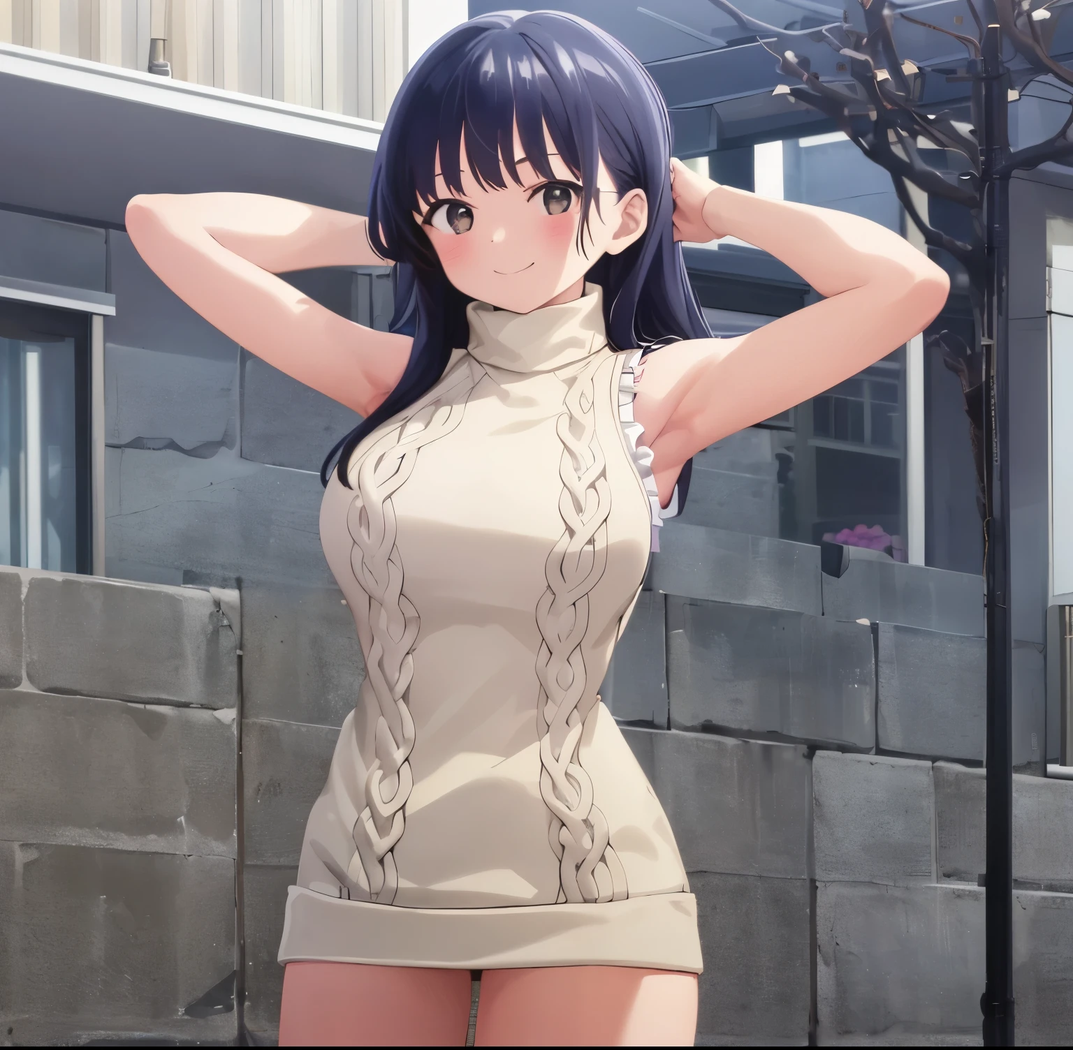 1girl, alone, Anna Yamada,masterpiece,best quality,highres,ultra-detailed,aaanna,long hair,bangs,large breasts,(sweater:1.2),(turtleneck:1.2),street,smile,standing,(sleeveless:1.4),arm_behind_head,arms_up,cowboy shot,no pants, perfect hands, perfect anatomy 