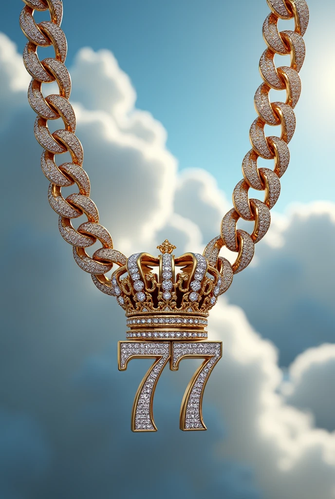 I want a Cuban chain with diamonds that contains a 77 and a crown on a cloud background