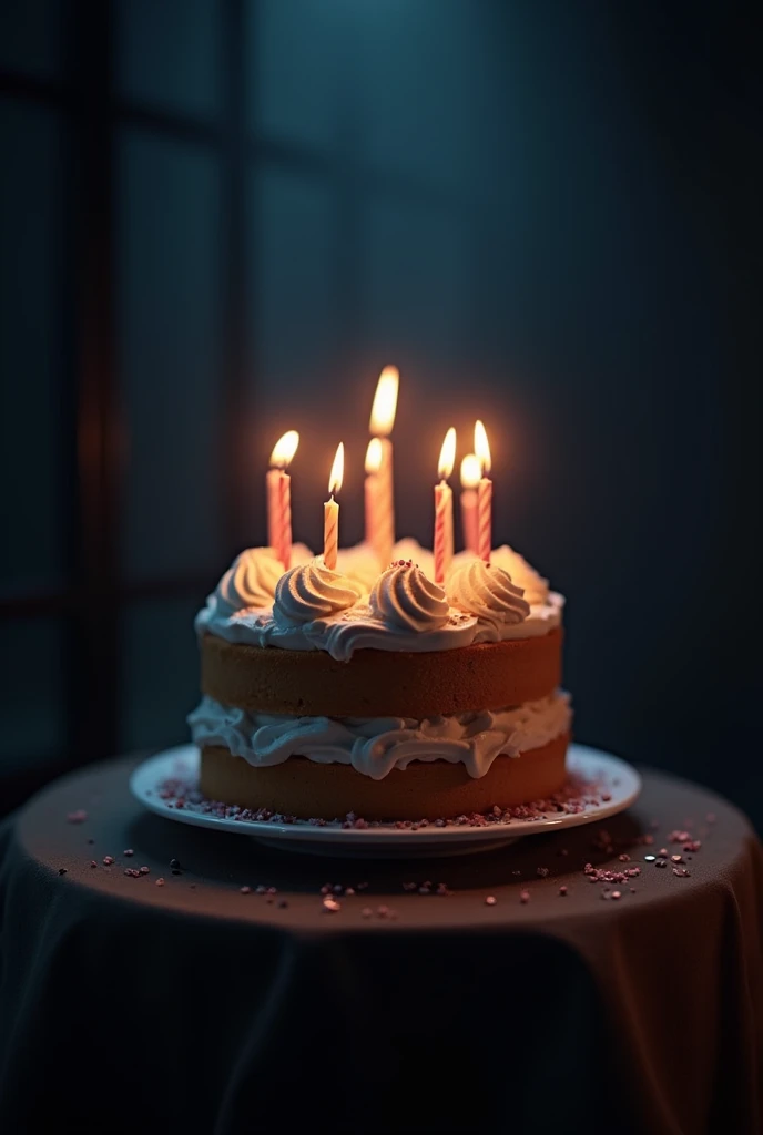 Birthday cake with lit candles and dark background, a little dark