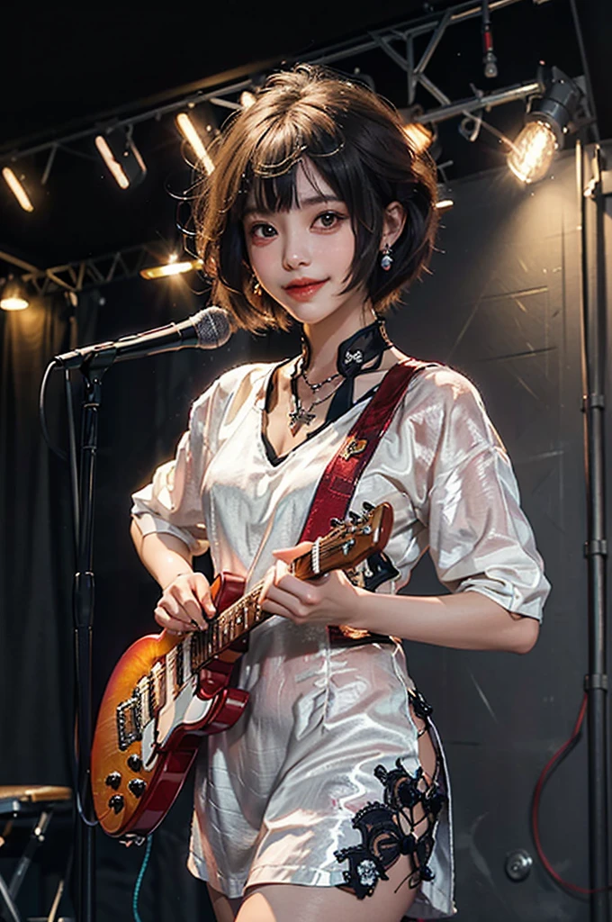 Top Quality, Masterpiece, Ultra High Definition, (Photorealistic: 1.4), Raw photo, Cowboy shot, Charming smiling girl playing electric guitar on live stage, (dynamic pors), Short hair, Red gradient hair, Asymmetrical bangs, Bob cut Bob cut, Cross Petit pendant necklace, Earrings, White punk rock costume, Colorful live lighting, Spotlight