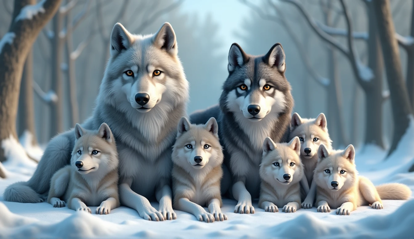 Create a hyper-realistic, photorealistic image of a beautiful wolf family. The family consists of a majestic father wolf, a graceful mother wolf, and five wolf pups of varying ages. They are all calmly looking at the viewer, exuding a sense of tranquility and strength. Each wolf has a unique color and fur pattern, showcasing a variety of hues and textures. The background features a softly blurred snowy forest, adding depth and atmosphere. The wolves' fur is strikingly beautiful, capturing their natural elegance and power