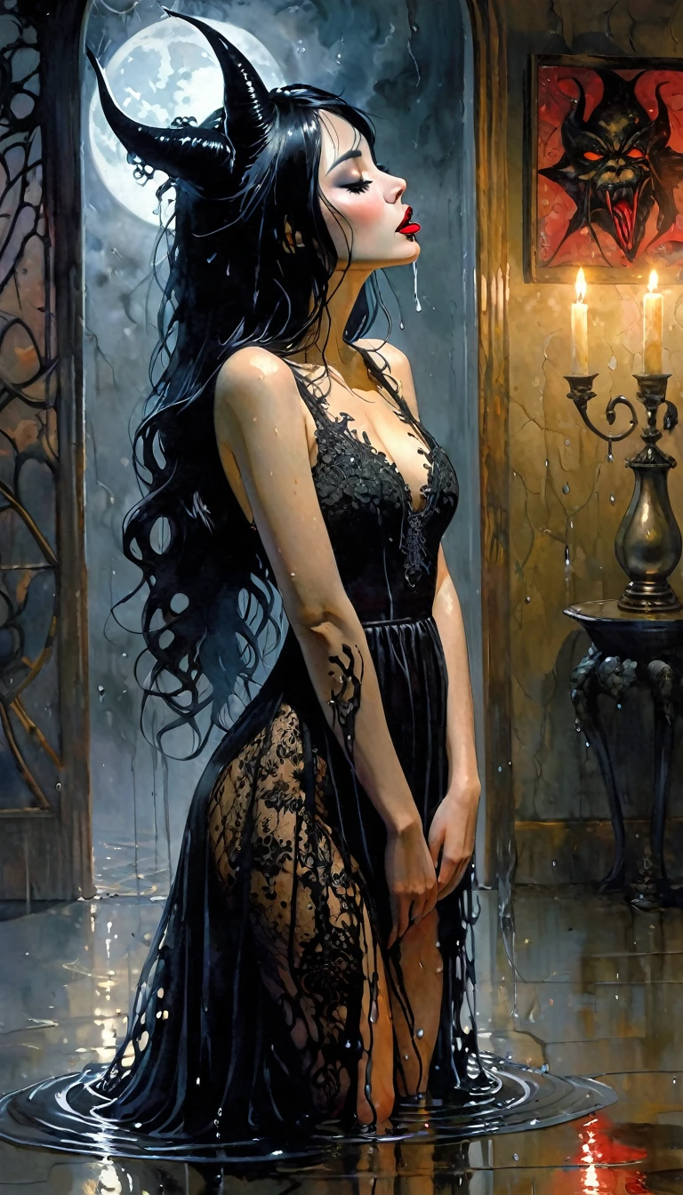 (best quality,4k,8k,highres,masterpiece:1.2),ultra-detailed,(realistic,photorealistic,photo-realistic:1.37),girl with long black hair,sexy lace dress,dripping liquid,kisses a big strong demon,(gloomy,dark,ominous) room,satanic star painted on the floor,(mysterious,flickering,candlelit) lighting,a cat,smoke,fog , artwork by David Mack, vivid colors, intricate details, oil.
