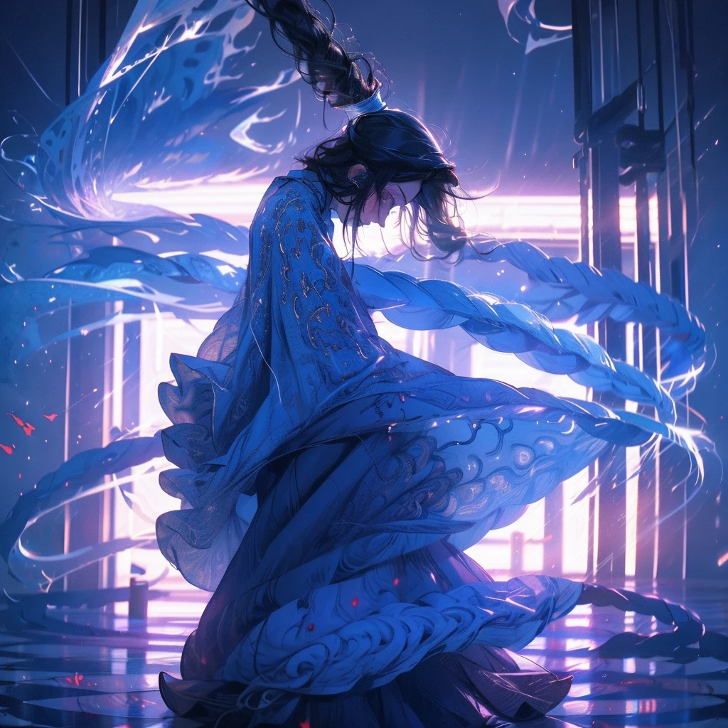 Surreal Images,Dreamy atmosphere,Bright and contrasting colors,Complex and detailed elements,dark lighting,introspective composition,The surrounding emptiness,1 girl in,Melancholic,gloomy,nostalgic,feeling of loneliness,dress,long hair,blood spatter...